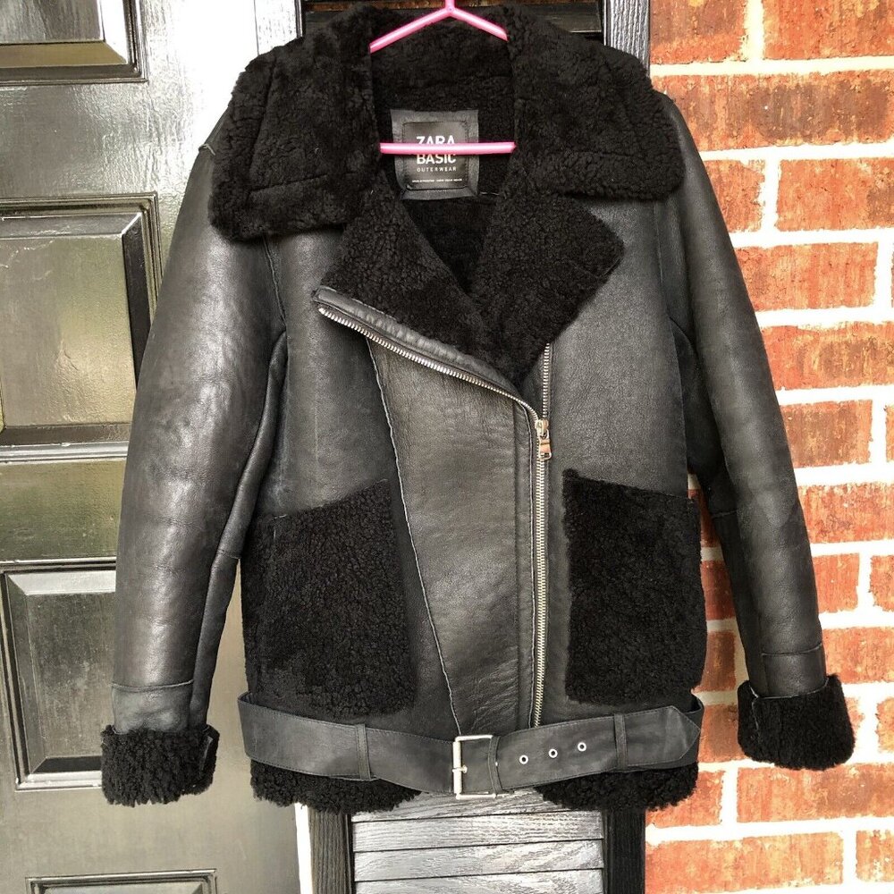Zara Woman’s Coat M Bomber RAF Black Aviator Fur Shearling Real Leather Jacket